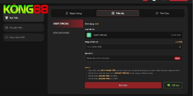 Rút tiền KUBET cực dễ bằng tiền ảo USDT hoặc KDG